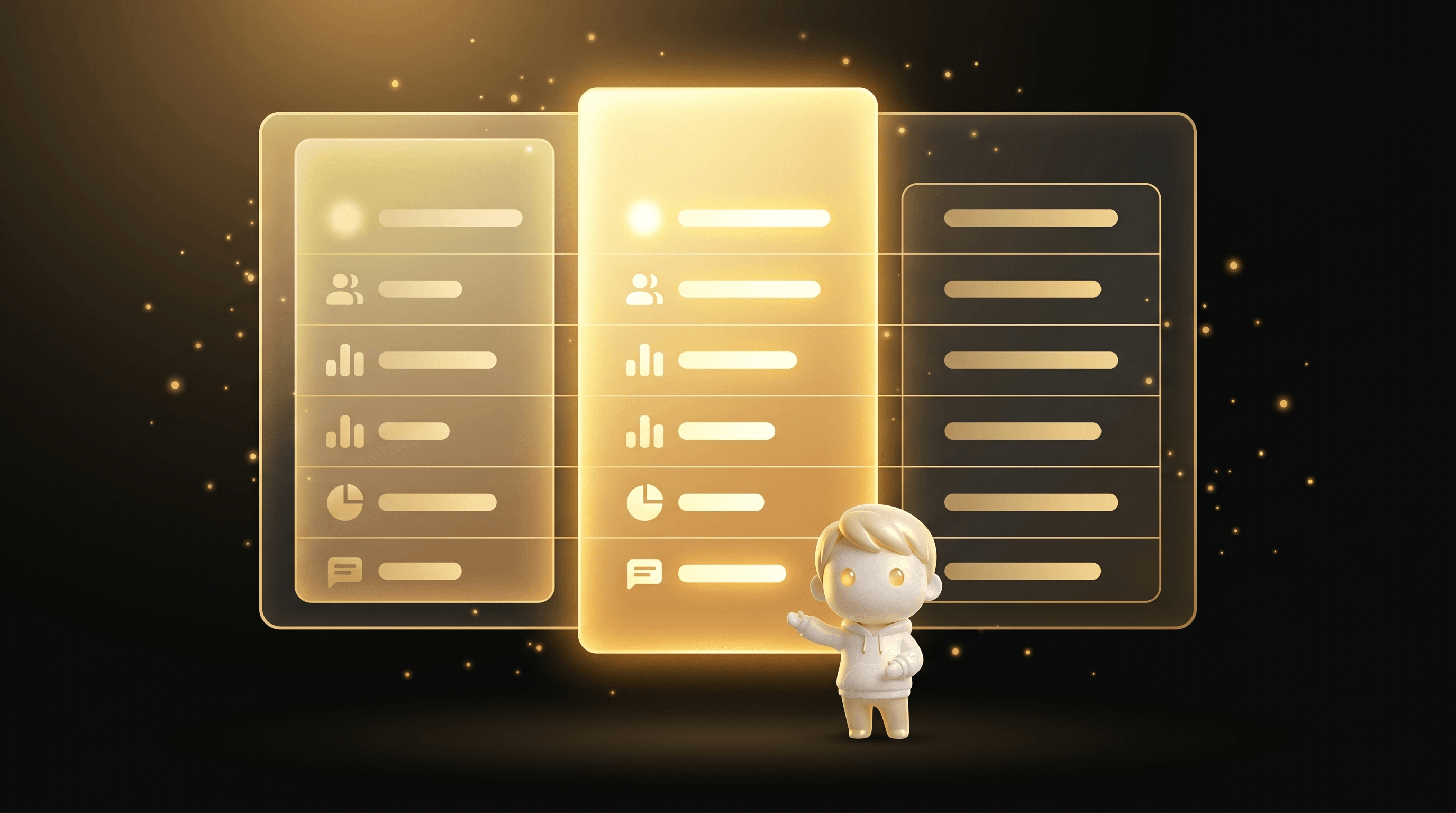 The Godmode mascot gesturing toward a floating translucent comparison table with three columns, the center column glowing brighter gold