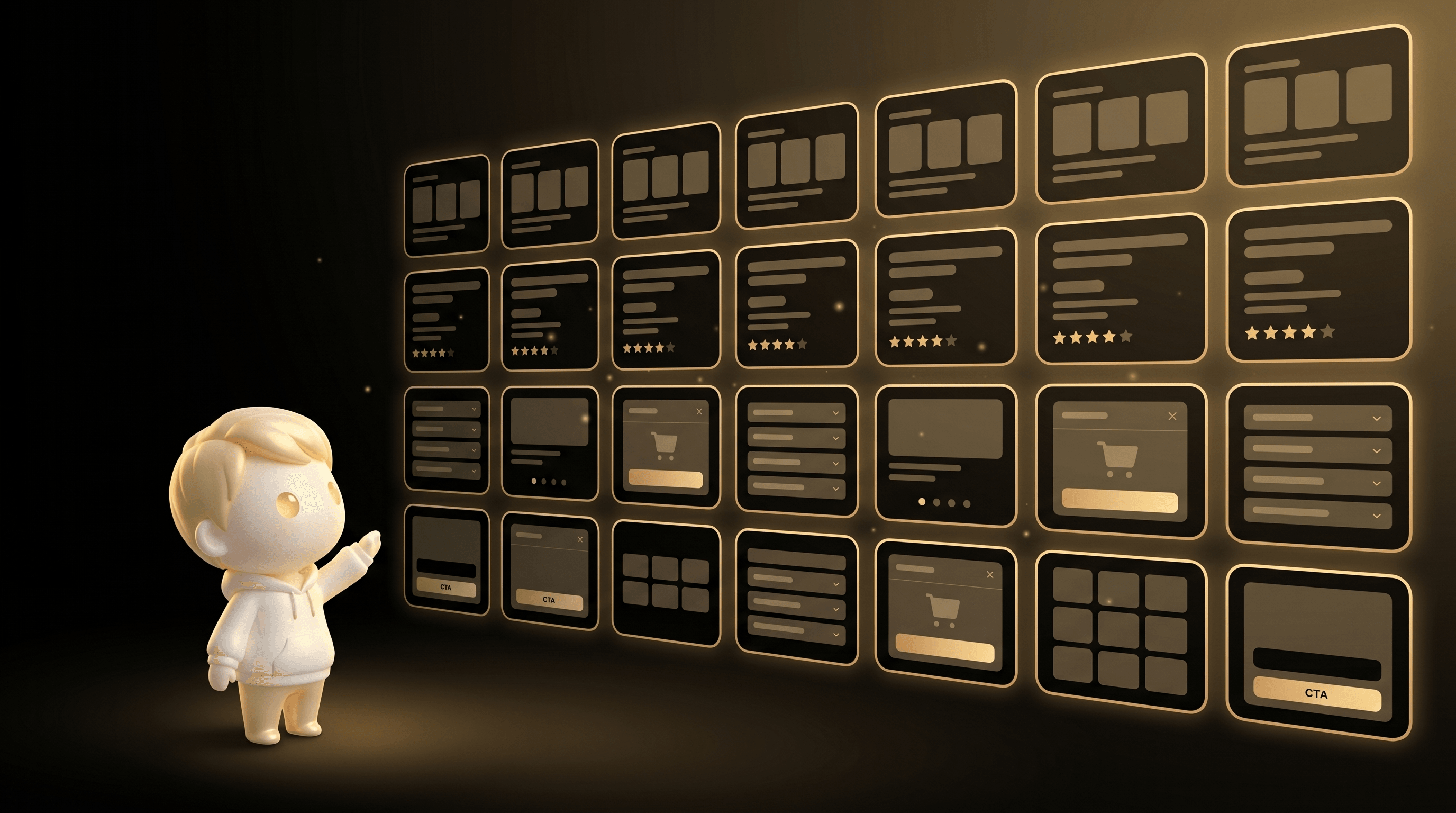 The Godmode mascot examining a floating library of 30 abstract Shopify section cards (product gallery, review row, buy box, comparison table, FAQ accordion) each with a warm gold border