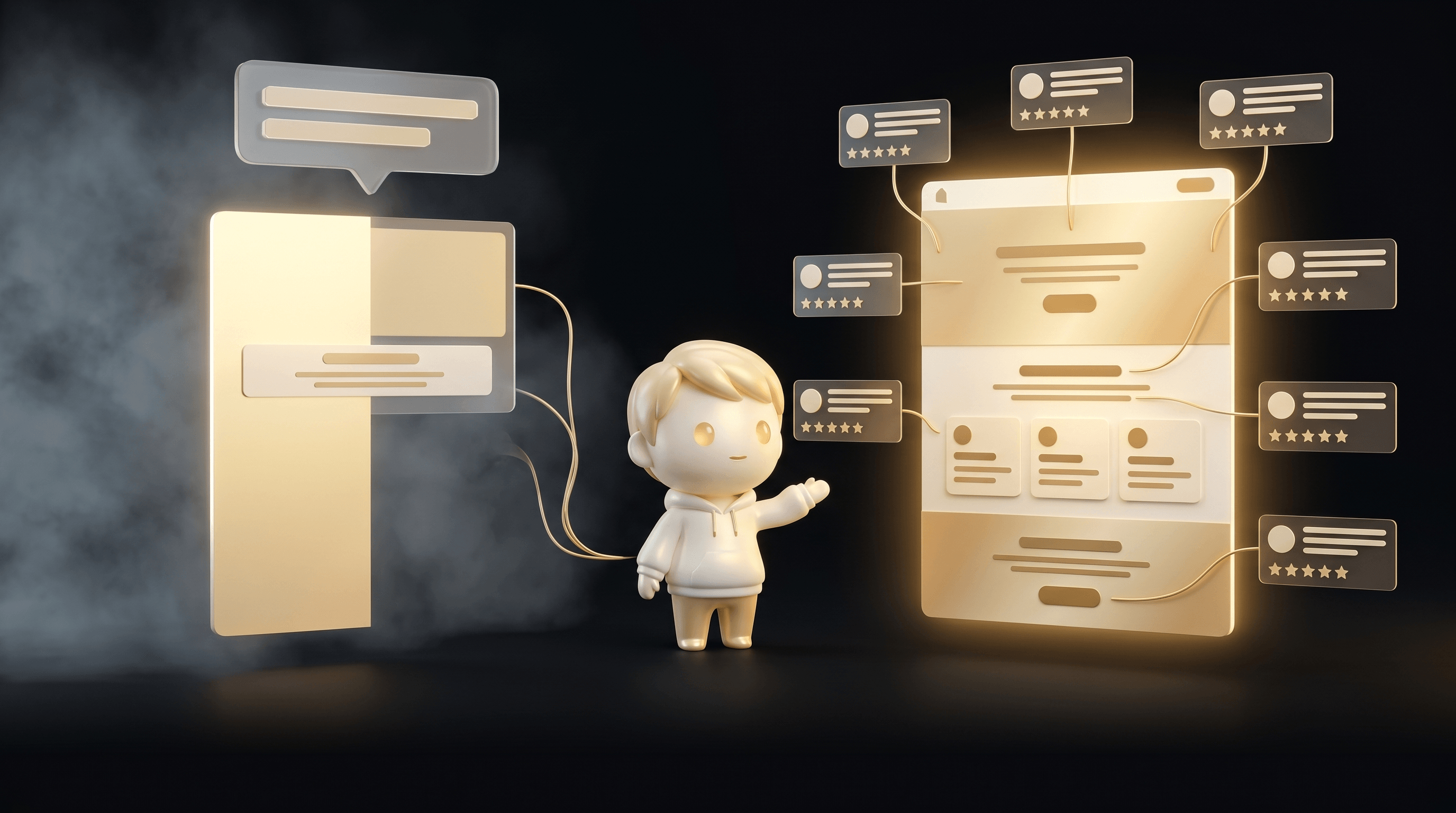 The Godmode mascot standing between a prompt-to-page flow on the left (a speech bubble and a half-built page) and a research-driven AI page on the right (glowing gold, stacked review cards feeding into it)