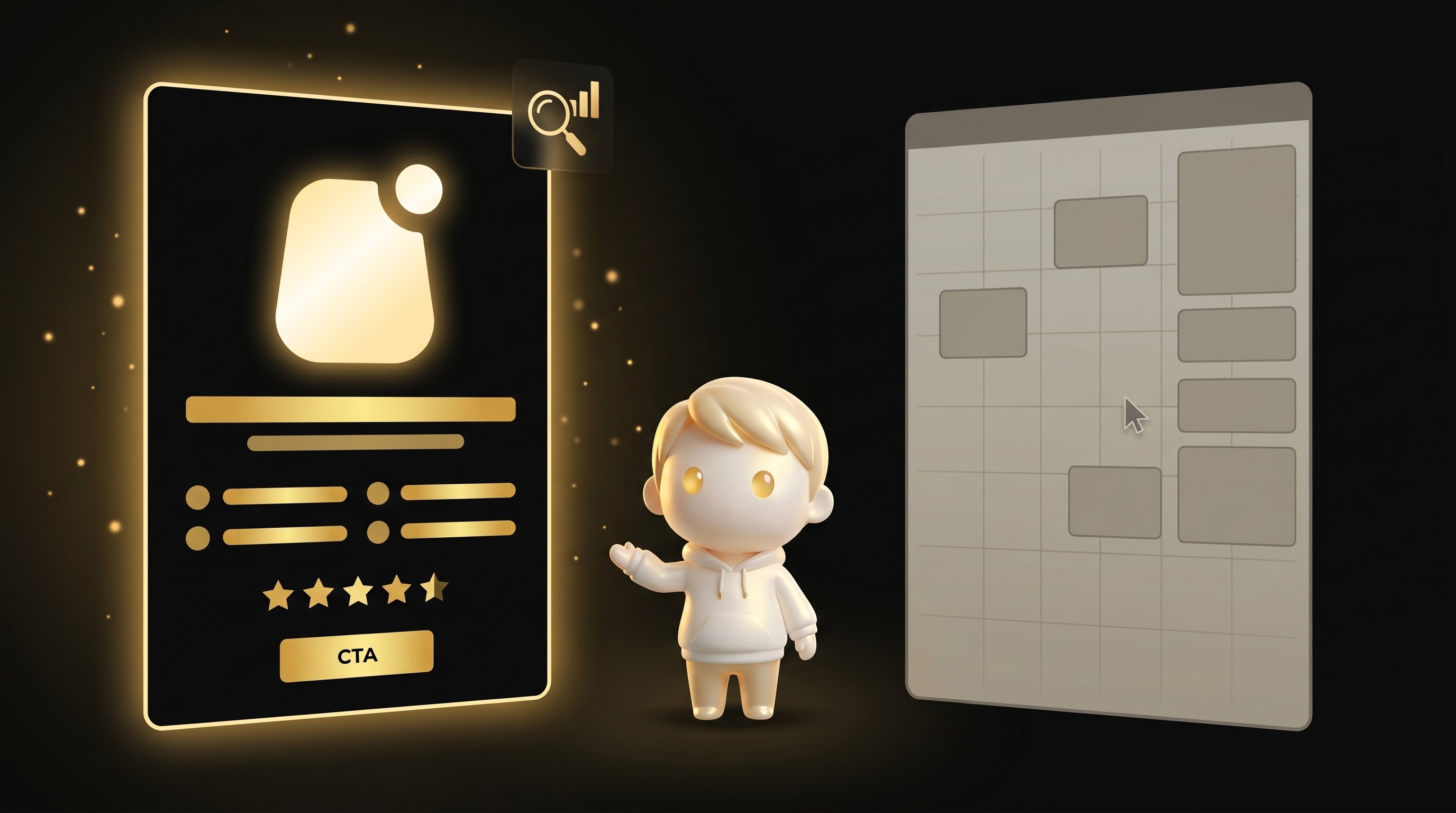 The Godmode mascot pointing at a research-driven Shopify product page glowing gold on the left and a manual drag-and-drop canvas on the right