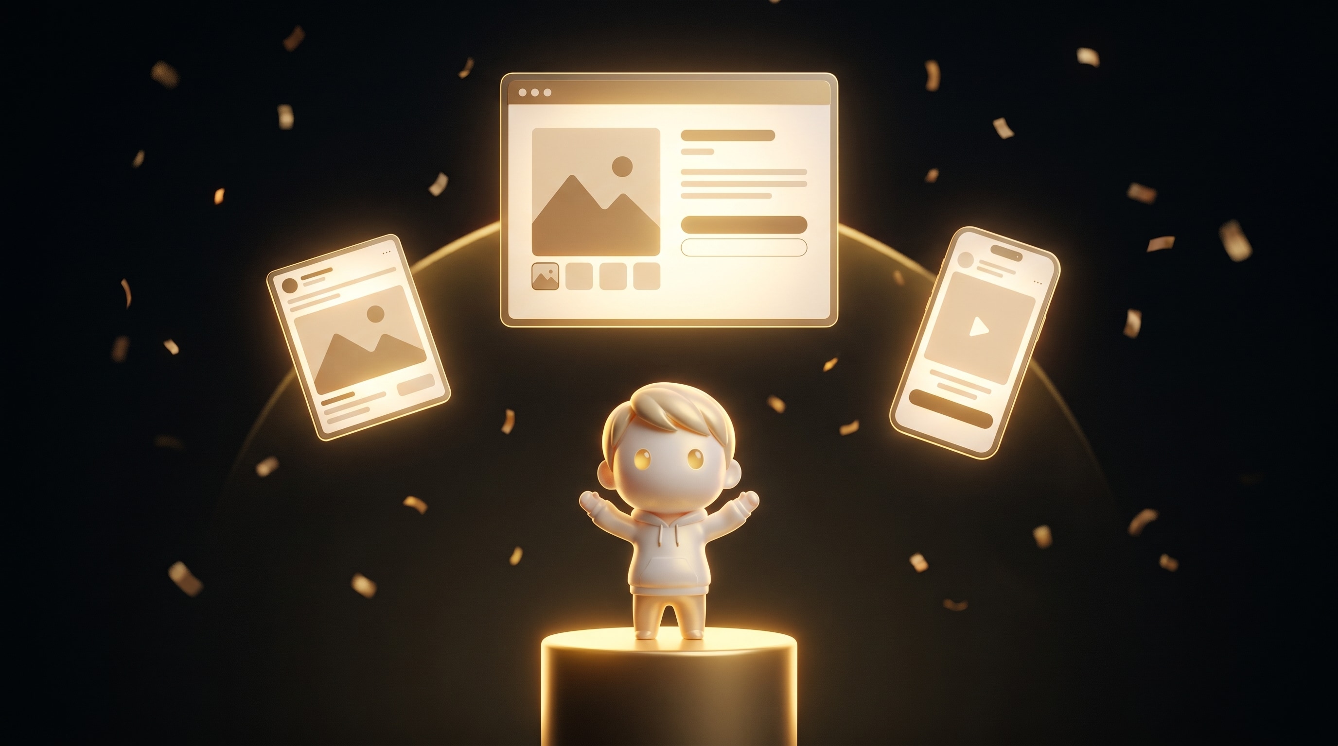 The Godmode mascot presenting a polished Shopify product page on a glowing pedestal next to a small ad creative and pre-lander mockup