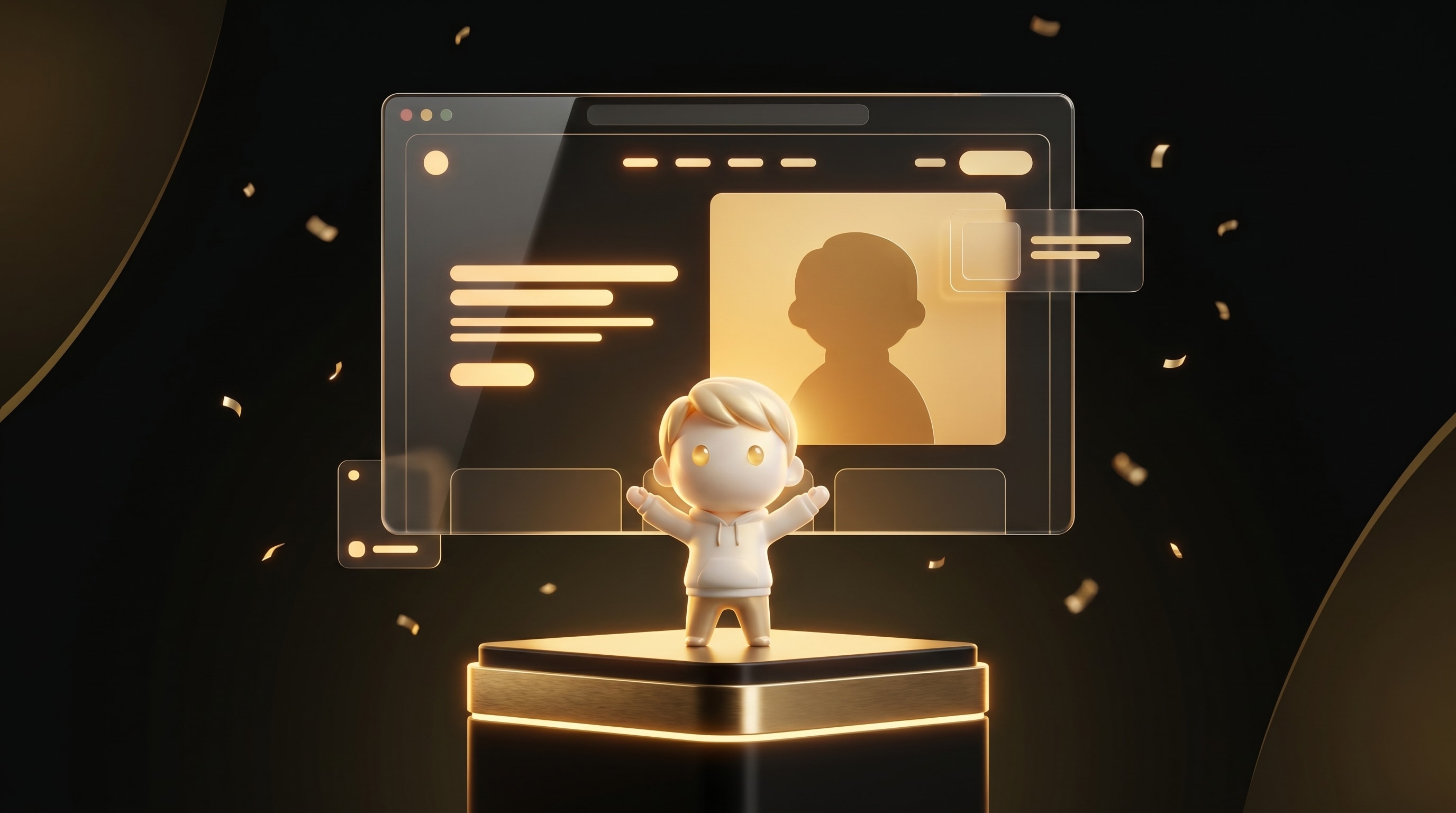 The Godmode mascot presenting a polished AI page builder storefront on a glowing pedestal