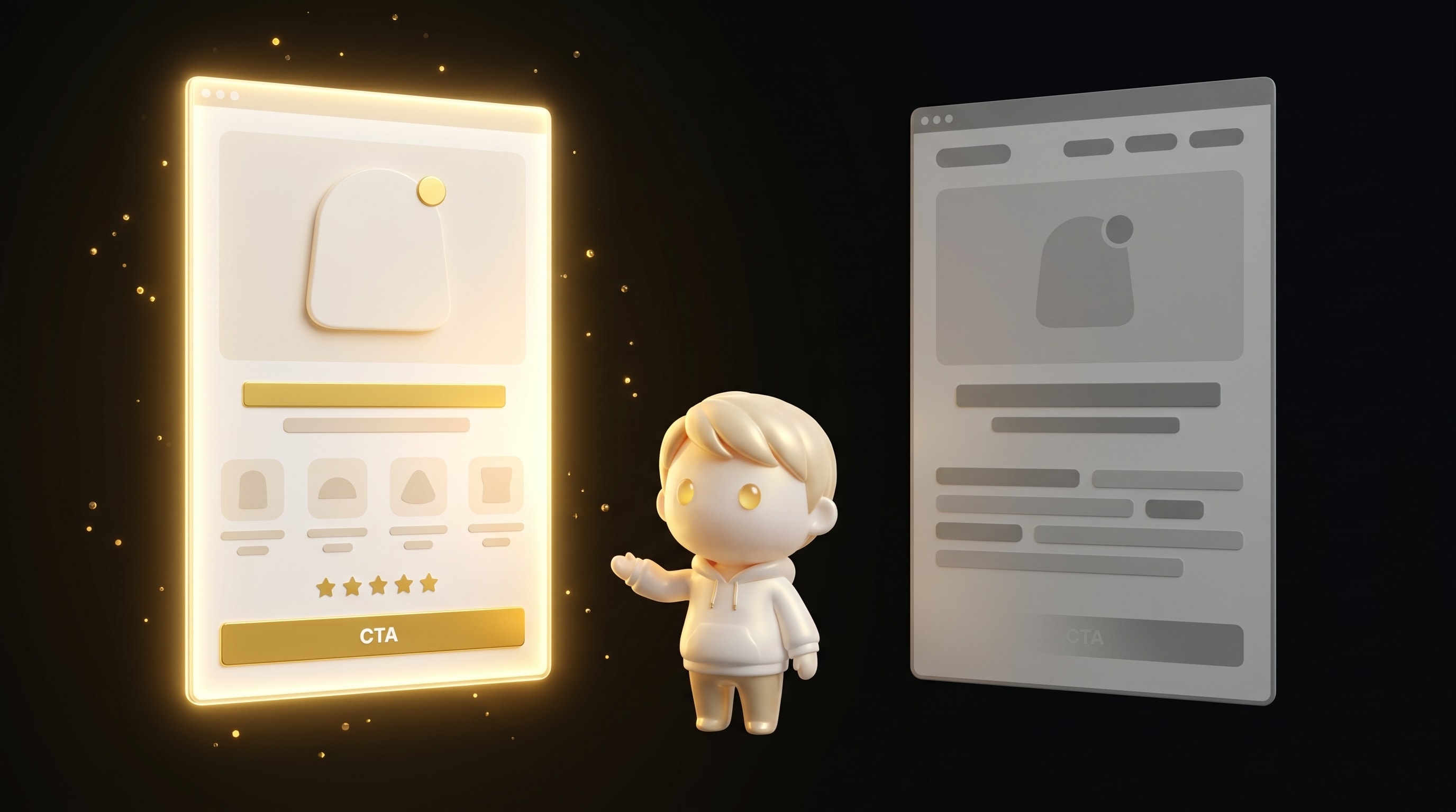 The Godmode mascot pointing at a glowing research-driven page on the left and a dim templated page on the right, both Shopify product page mockups
