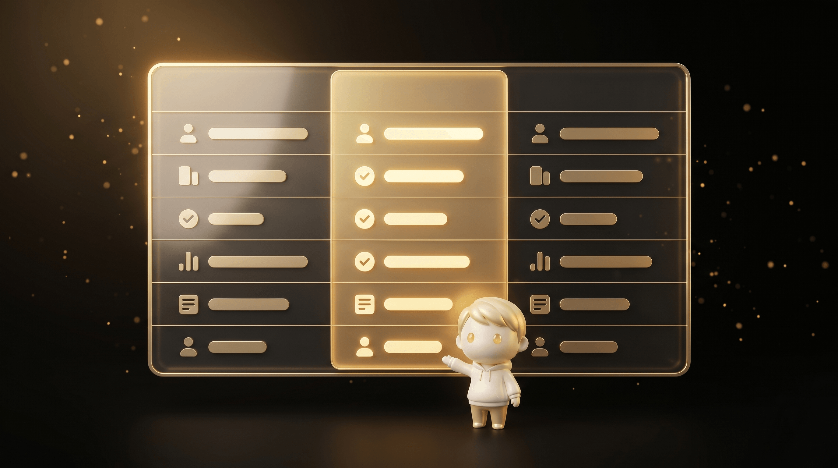The Godmode mascot gesturing toward a floating translucent comparison table with three columns, the center column glowing brighter gold