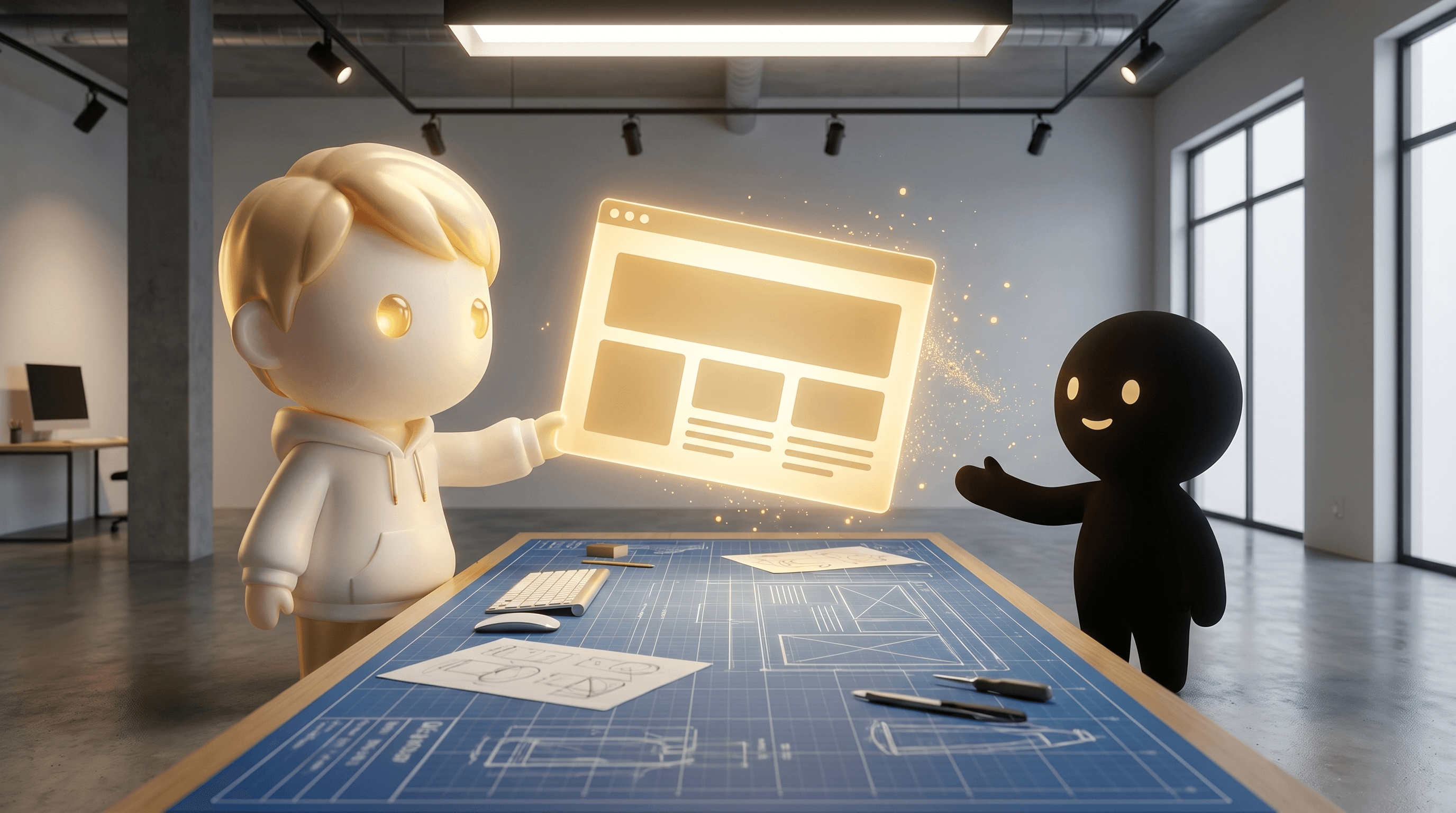 The Godmode mascot presenting a polished AI-built Shopify storefront on a glowing pedestal