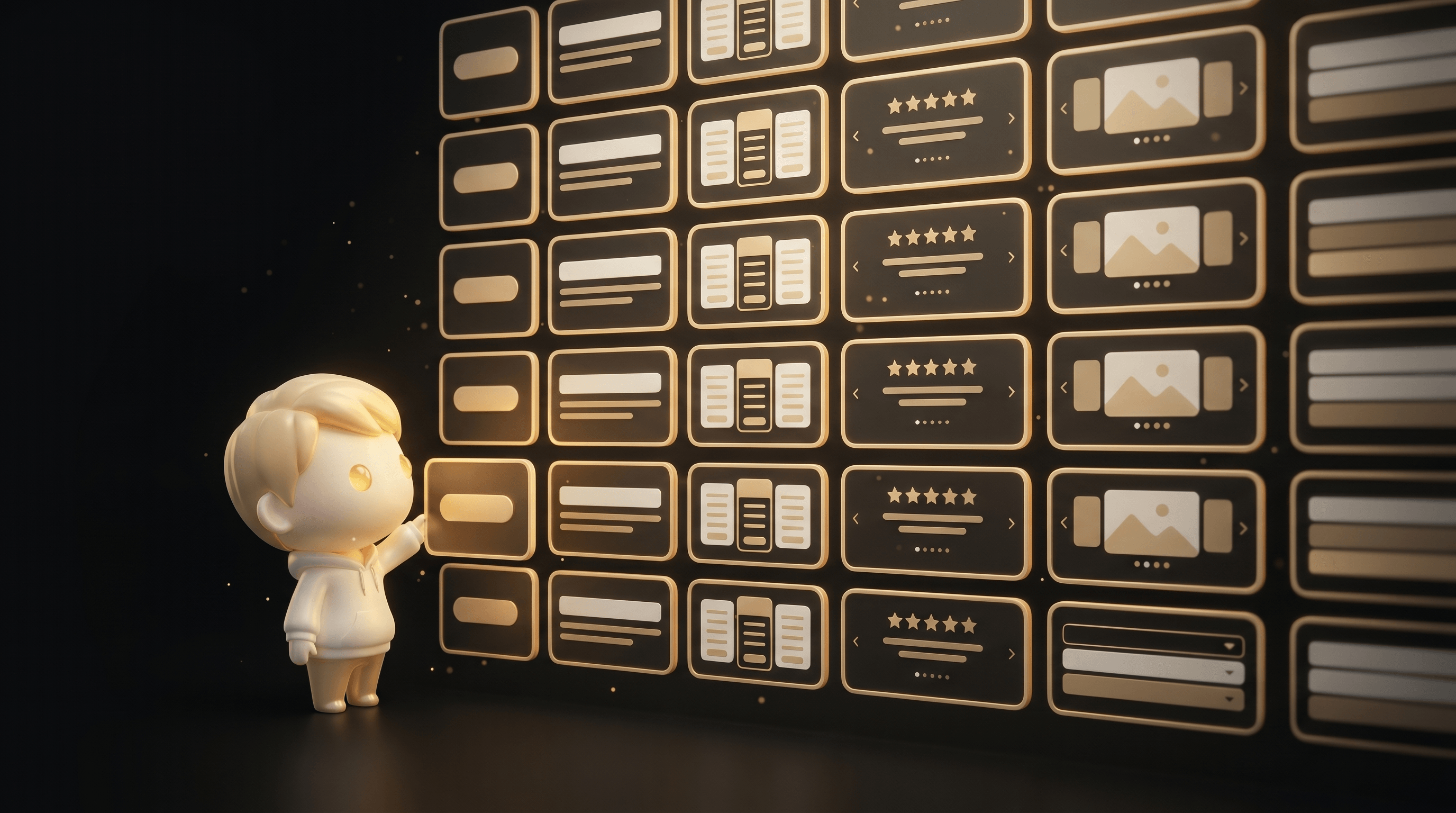 The Godmode mascot examining a floating grid of 30 abstract component cards arranged in 6 rows by 5 columns, each card glowing with a warm gold border