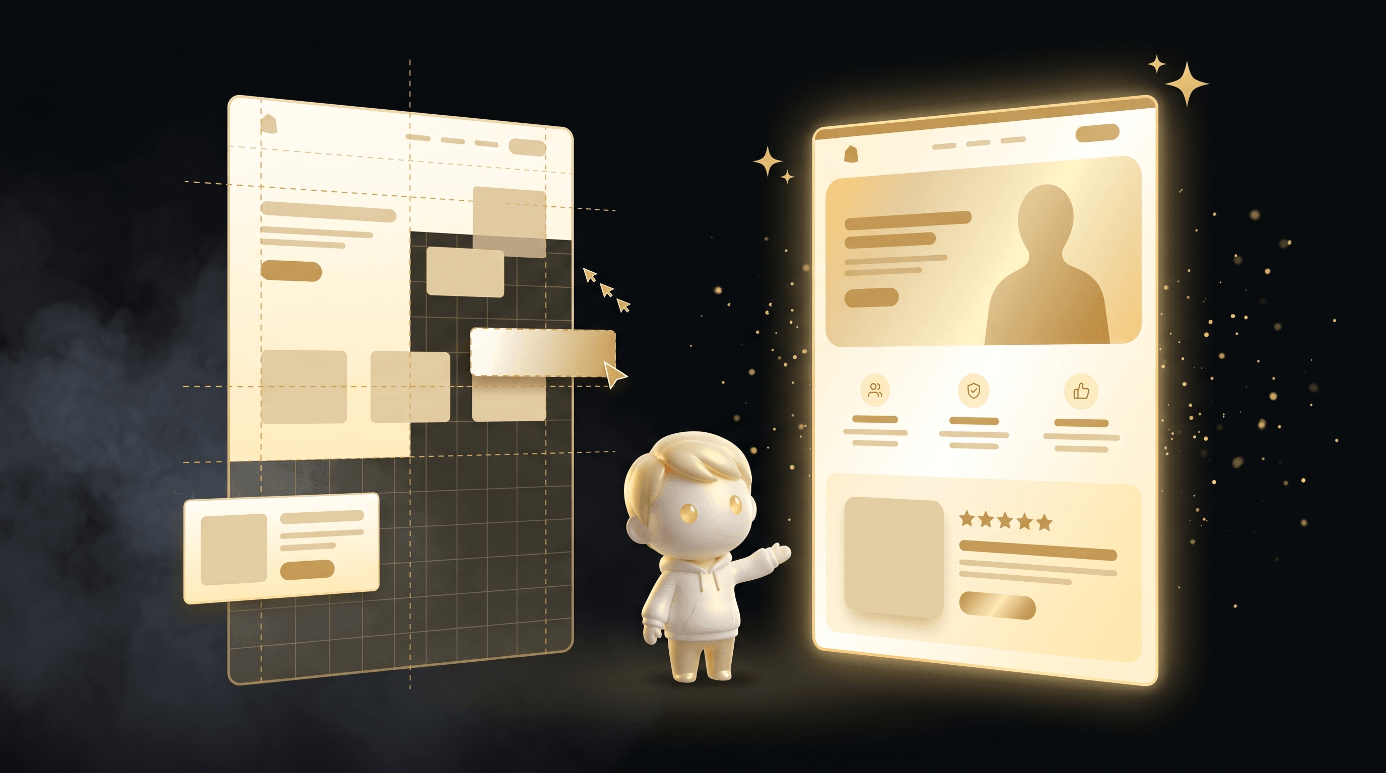 The Godmode mascot standing between a manual design canvas on the left (half-built, scattered components) and a finished AI-built landing page on the right (clean, glowing gold), gesturing toward the AI-built page