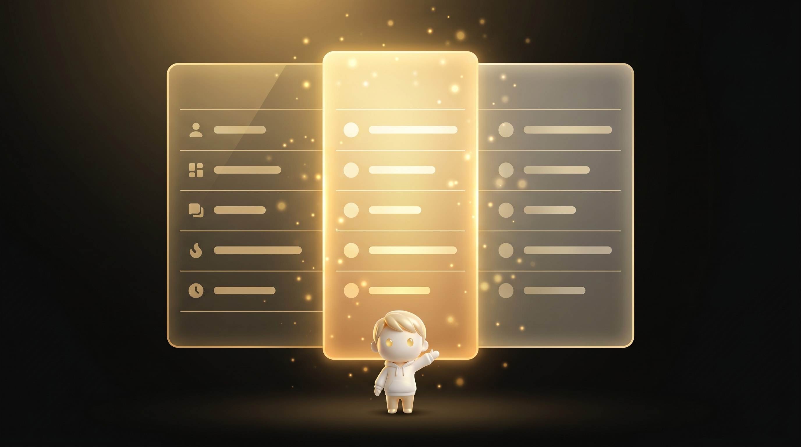 The Godmode mascot standing in front of a floating comparison table mockup with three columns, the center column glowing brighter gold