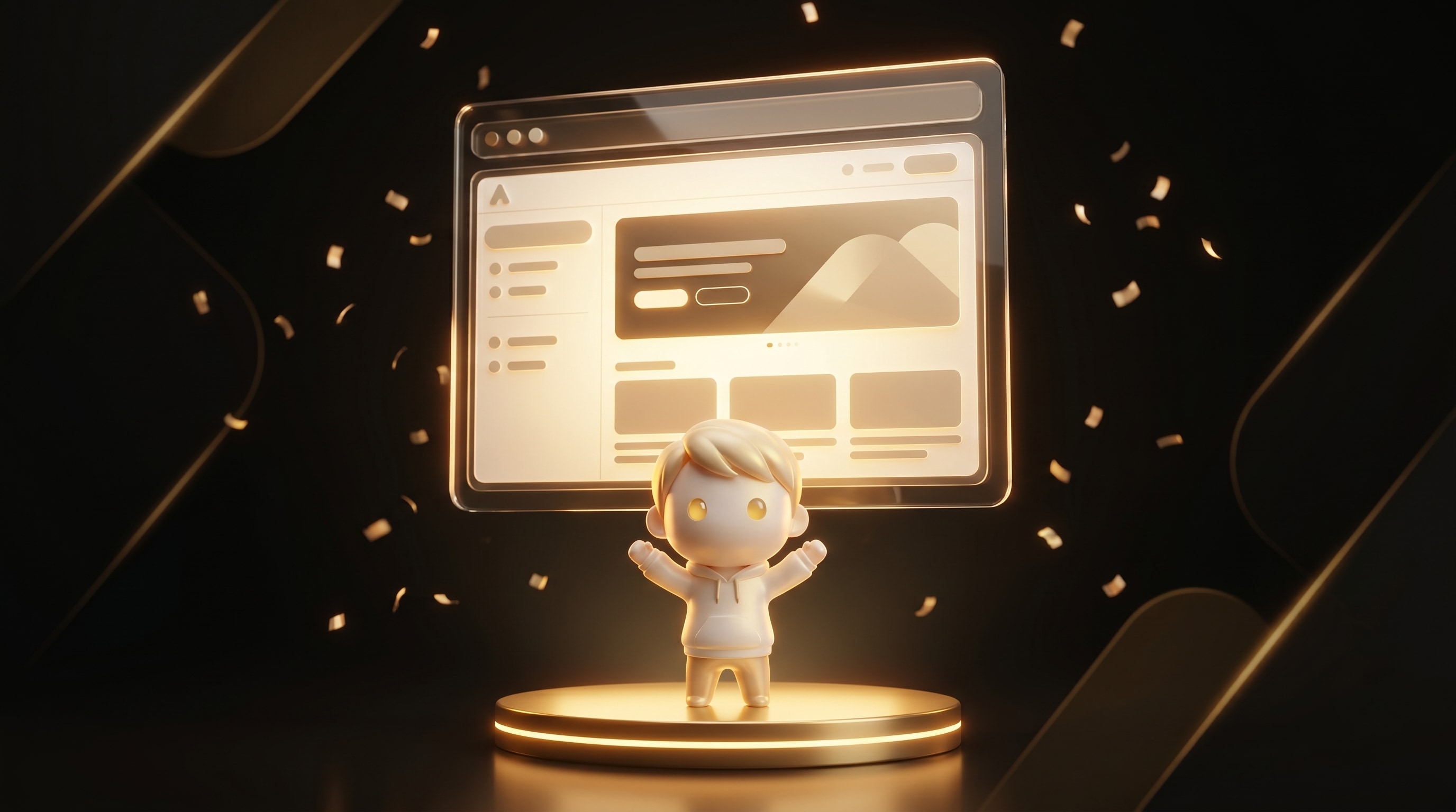 The Godmode mascot presenting a polished AI page builder storefront on a glowing pedestal