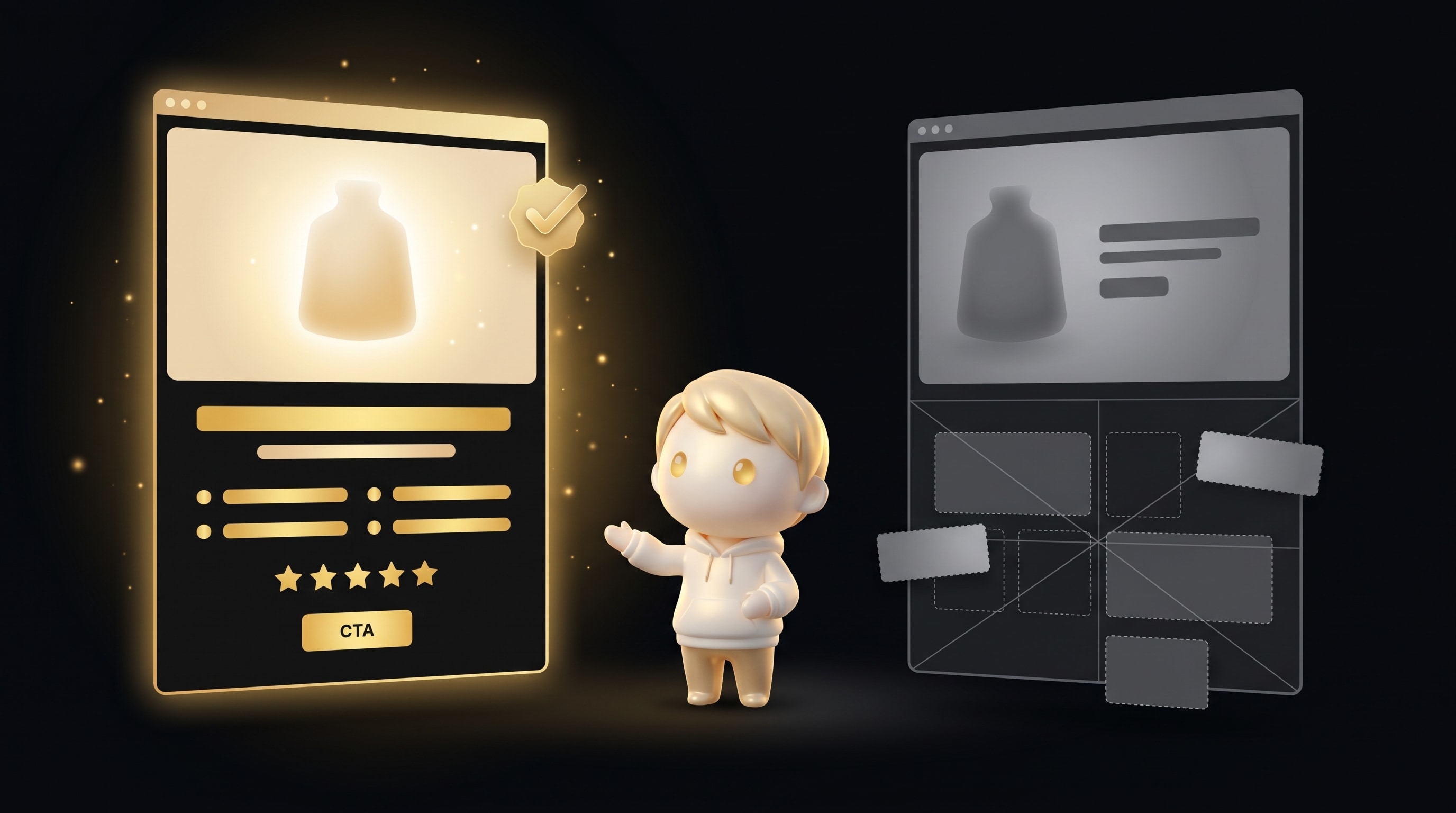 The Godmode mascot pointing at a glowing complete AI-built Shopify page on the left and a half-built drag-and-drop page in progress on the right